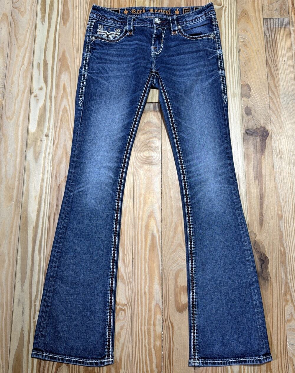ROCK REVIVAL WOMEN'S FABIOLA BOOT JEANS Red Thick Stitch Low Rise SIZE 27x33
